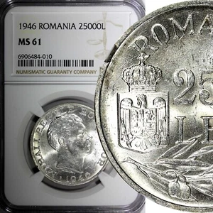 ROMANIA Mihai I Silver 1946 25000 Lei 32mm 1 Year Type NGC MS61 KM# 70 (010) - Picture 1 of 5