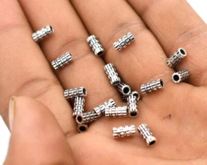 25 Pcs 7X3mm Bali Tiny Tube Bead Barrel Bead Antique Silver Plated - Picture 1 of 4