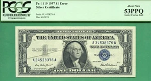 ERROR - GUTTER FOLD ON FACE - 1957 $1 SC - PCGS AU 53 PPQ - GUTTER FOLD ERROR - Picture 1 of 2