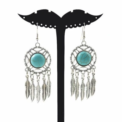 Bohemian Style Drop Dangle Earrings Ethnic Retro Turquoise Tassel Handmade Boho - Image 1 of 4