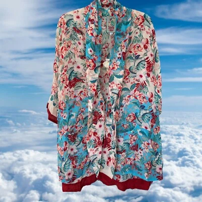 Abrigo floral kimono rojo y azul jade Johnny Was para mujer, rayón, talla XS NUEVO CON ETIQUETAS Foto 1 de 4