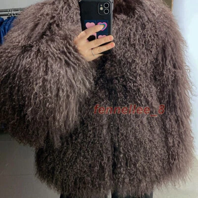 Women 100% Real Mongolian Lamb Fur Coat Curly Long Fur Short Jacket Warm Outwear - Image 1 of 4