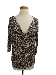 Michael Stars Top One Size Leopard Print Brown Beige White 3/4 Sleeves Deep V - Picture 1 of 4
