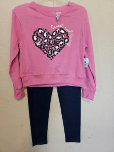 Girl Jogger Set, Pink Sweatshirt With A front heart Navy Blue Pants, Size 10/12 - Picture 1 of 2