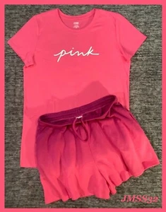 Victoria's Secret Pink Tee Shirt + Ombre Campus Shorts Set Capri Pink Logo L NWT - Picture 1 of 10