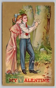 Antique Valentine's Day  Gold Postcard   Lovers Carve Initials in Tree  Unposted - Picture 1 of 3