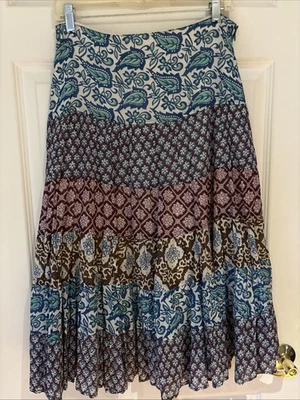 Calypso St Barth Tiered mixed print lined Cotton maxi full Skirt blue brown sz S - Image 1 of 4