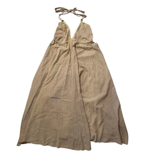 Gauzy Beige Organic Cotton Halter Maxi Dress L India Swim Cover Coastal Beachy - Picture 1 of 8