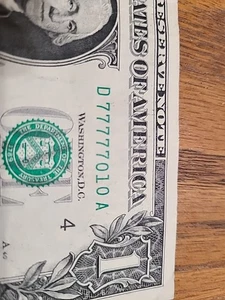 77777010. $1 FRN Fancy 5 In A Row 7s Serial Number. - Picture 1 of 3