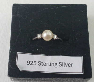 Sterling Silver 925 Faux Pearl and Cubic zirconia Ring  UK size L 1/2 - Image 1 of 4