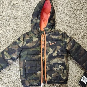 Nike Little Boy's Size 2T Zip-Up Hooded Puffer Jacket Padded Camo & Orange - Picture 1 of 9