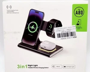 3 in 1 Solid Black Foldable Wireless Charging Station With Night Light - Photo 1 sur 3