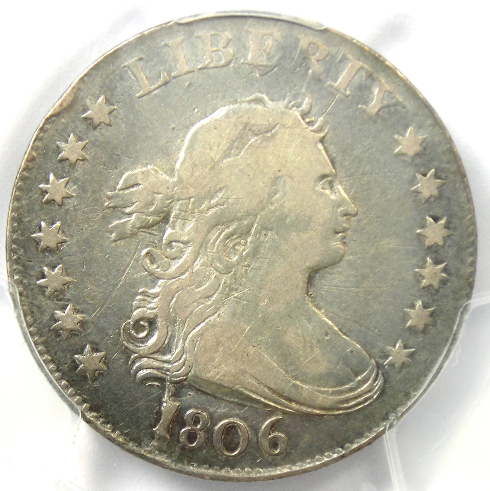Moneda de 25 centavos busto drapeado 1806 - Certificada PCGS detalles finos - ¡Fecha rara! Foto 1 de 4