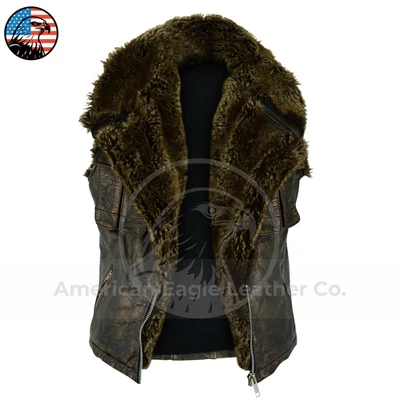 Men's Vintage Brown Kraven Leather Vest Fox Fur Biker Motorcycle Cosplay Jacket - Image 1 of 4