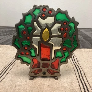 Candelabro y corona vintage de hierro fundido y vitral de Navidad 6,5" - Imagen 1 de 9