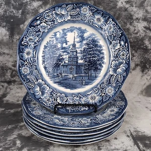 Set of 7 Staffordshire Liberty Blue 9 7/8" Dinner Plates Independence Hall Worn - Picture 1 of 24