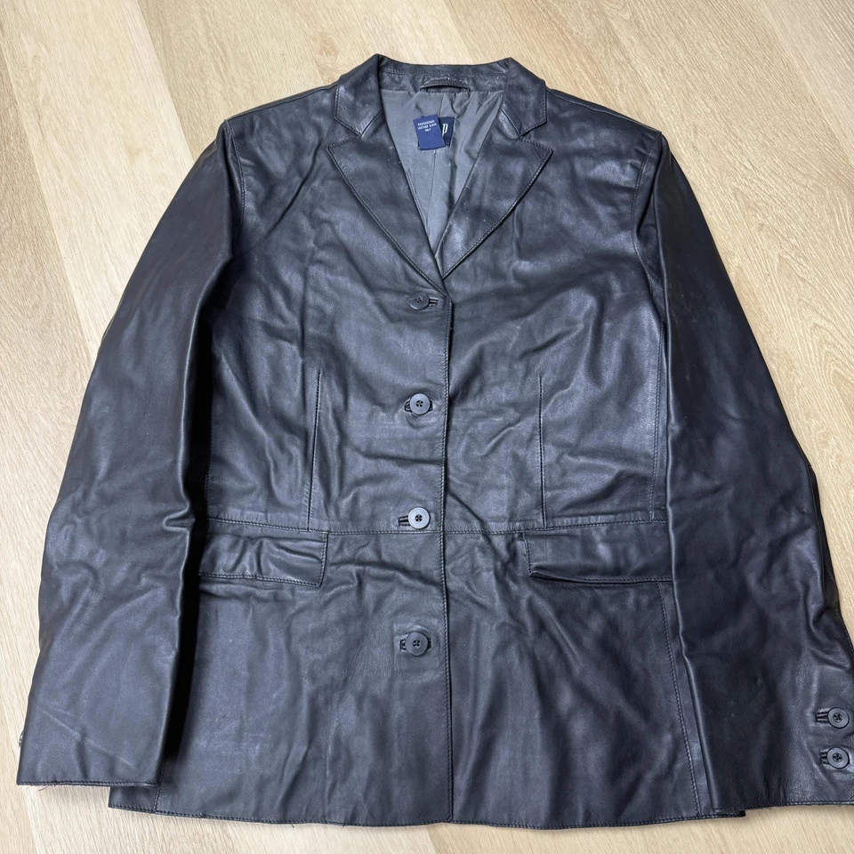 Chaqueta Blazer GAP de Cuero para Mujer Mediana Negra Cuero Genuino Botón Forrada Frontal Foto 1 de 4