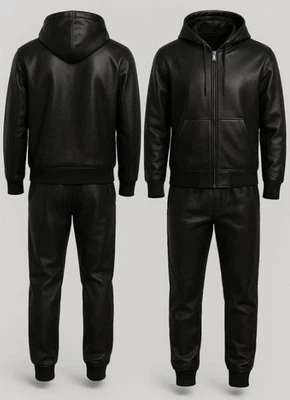 Men's Brayden PU Leather Black Track Suit Sweatsuit Jogging Tracksuit - Image 1 of 3