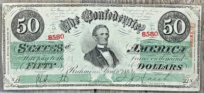 1863 $50 T 57 Confederate Paper Money PF 16, Red Serial Number - Image 1 of 4