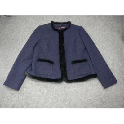 Talbots Blazer Women's 14 Blue Speckled Tweed Jacket Wool with Faux Fur Trim - Image 1 of 4