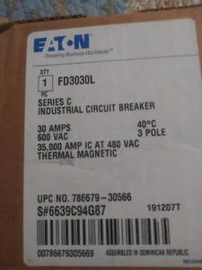 EATON FD3030L SERIES C INDUDTRIAL CIRCUIT BREAKER 30AMPS - Picture 1 of 5