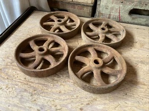 Set - 4 Antique 5” Cast Iron Wheels Industrial Cart Wagon Vintage Scale Hit Miss - Picture 1 of 17