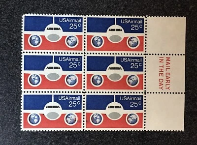 USA1976 #C89 25c Plane & Globe Airmail - Mail Early Block of 6  Mint airplane - Image 1 of 2