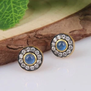 18K Yellow Gold Plated Blue Aventurine And Cubic Zirconia Stud Brass Earrings - Picture 1 of 4