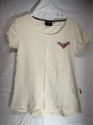 Camiseta para mujer Victory Motorcycle crema cuello redondeado usada en excelente estado  Foto 1 de 4