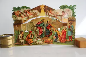 Antigua tarjeta de Navidad de belén 3D victoriano troquelado plegable a pie - Imagen 1 de 5