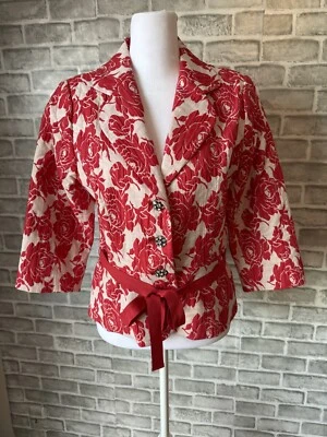 Chaqueta Blazer Harold’s 6 Rojo/Blanco Floral Damasco 3 Botones Cinta Cinturón 3/4 SLV Foto 1 de 4