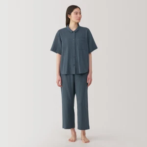 MUJI Womens 100% Organic Cotton Gauze Half Sleeve Pajamas Smoky Blue FedEx - Bild 1 von 9