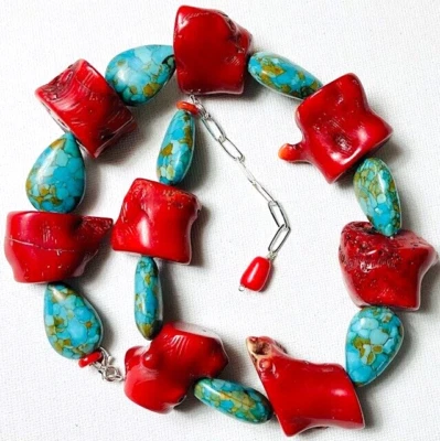 Collar hecho a mano grueso de plata de ley turquesa coral rojo/cobre Foto 1 de 4