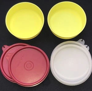 2 Vintage Tupperware Yellow Little Wonder 6oz Bowls 1286 ++ 2 Clear & 2 Red Lids - Picture 1 of 9