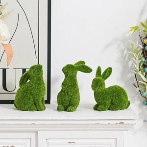 Resin Flocked Bunny Figurines Set of 3, Artificial Green Moss Bunnies for Easter - Picture 1 of 6