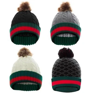 Beanie Hats Mens Womens Bobble Pom Pom Hat Ski Winter Warm Cable Knitted Cap - Picture 1 of 11