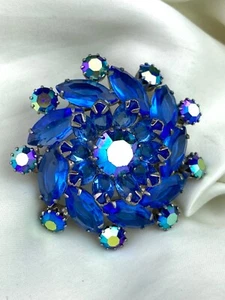Vintage Silver Tone Blue AB Stone Round Pin Brooch - Picture 1 of 8