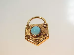 Beautiful turquoise pendant 750 yellow gold in the shape of a finely decorated lock 1960 - Picture 1 of 8