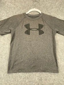 Under Armour HeatGear T Shirt Youth Kids Boys S Small Gray Black Logo Loose Crew - Picture 1 of 10