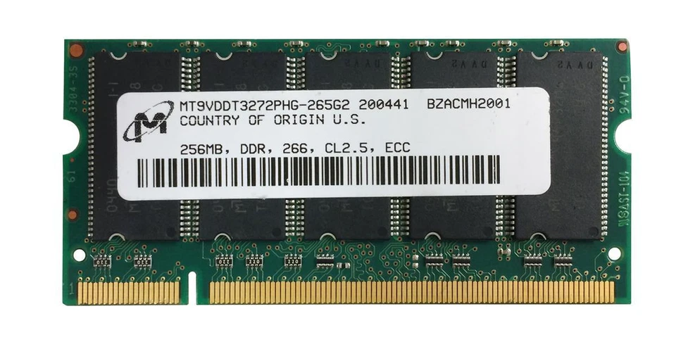 256MB DDR PC2100 CL2.5 DDR266MHZ 32X8 9CH 200PIN ECC SODIMM MT9VDDT3272PHG-265G2 - Image 1 of 1