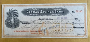 1909 German Savings Bank - Chester IA Bank Check - Drovers Deposit National Bank - Picture 1 of 8