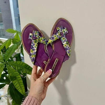 Manolo Blahnik Purple Floral Print Leather Strap Sandals Size 35 - Image 1 of 4