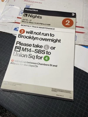 1 New York City MTA NYC Subway Service Sign 11”x17" - NYC Graffiti Subway Map. - Image 1 of 4