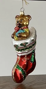 Kurt Adler Polonaise Golden Teddy Bear in a Stocking Christmas Glass Ornament 7” - Picture 1 of 21