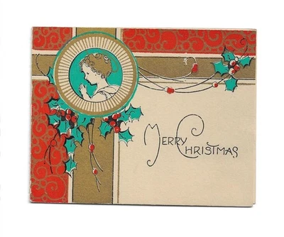 Young LADY, HOLLY Lovely Vintage 1928 ART DECO Fold-Out CHRISTMAS Greeting Card - Image 1 of 3