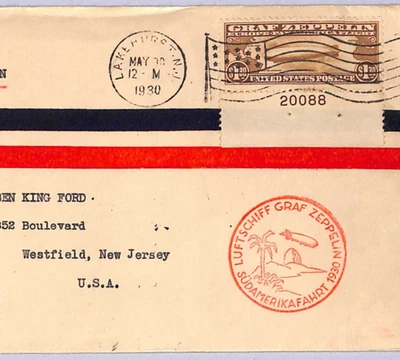 USA #C14 Cover GRAF ZEPPELIN $1.30 Plate Air 1930 PAN AMERICA ROUND FLIGHT WT106 - Image 1 of 4