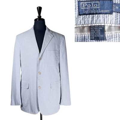Blazer Polo Ralph Lauren Para Hombres Medio Azul Blanco Seersucker Abrigo Deportivo Chaqueta Foto 1 de 4