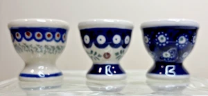 Vintage Boleslawiec Polish Pottery Egg Cups Blue Cream Brown Lot Set of 3 - Picture 1 of 8