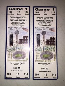 VINTAGE 1997 DALLAS COWBOYS v OAKLAND RAIDERS UNUSED TICKETS - 8/3/97 (LOT 2) - Picture 1 of 2