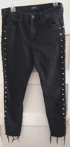Driftwood Jackie 29 Black Jeans Large Stud Silver Bronze Raw Hem Fringe W29/L28 - Picture 1 of 13